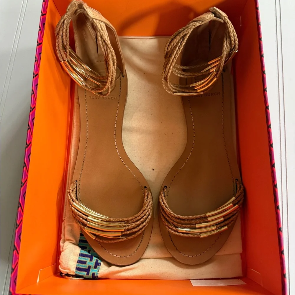 Tory Burch Mignon Braided Ankle Strap Sandals Tan Leather Gold Accents Size 8